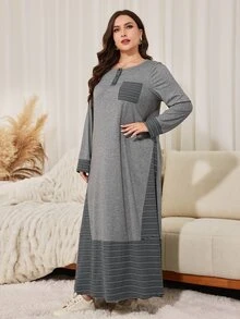 Lacomfia Plus Size Women's Loose Casual Round Neck Long Sleeve Patchwork Striped Knit Long Dress, Autumn - Grey - View 5