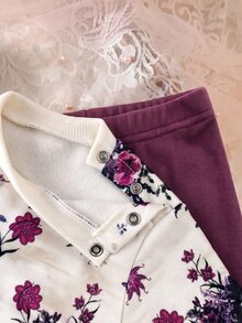 SHEIN 新生兒肩扣抓絨加厚花卉印花套頭運動衫與純色內搭褲套裝，適合冬季 - 紫色 - 查看 7