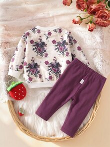 SHEIN 新生兒肩扣抓絨加厚花卉印花套頭運動衫與純色內搭褲套裝，適合冬季 - 紫色 - 查看 2