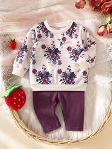 SHEIN 新生兒肩扣抓絨加厚花卉印花套頭運動衫與純色內搭褲套裝，適合冬季 - 紫色 - 查看 4