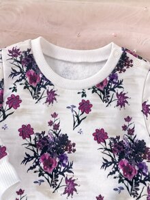 SHEIN 新生兒肩扣抓絨加厚花卉印花套頭運動衫與純色內搭褲套裝，適合冬季 - 紫色 - 查看 5