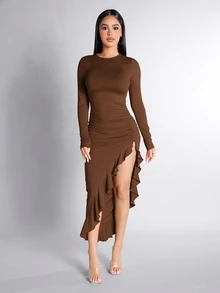 SHEIN PETITE 1pc Women's Solid Color Round Neck Fitted Ruffle Asymmetrical Hem Long Sleeve Dress ,Petite Women - Coffee - View 4