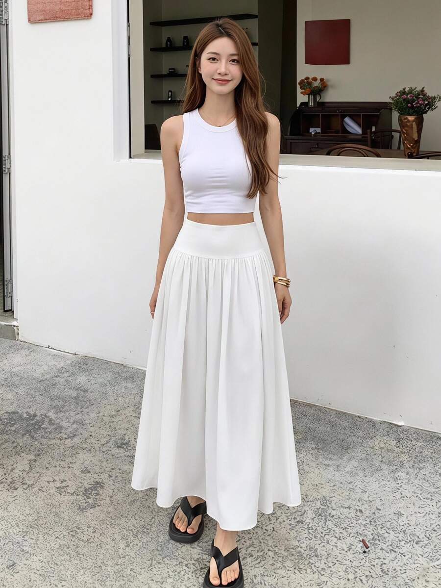 SHEIN X GALILEA Serisse Women Long Solid Color White Elastic High Waist Skirt, Winter, Fall,Going Out Skirt,Homecoming, Graduation, Casual Work Commute Skirt Spring - White - View 1