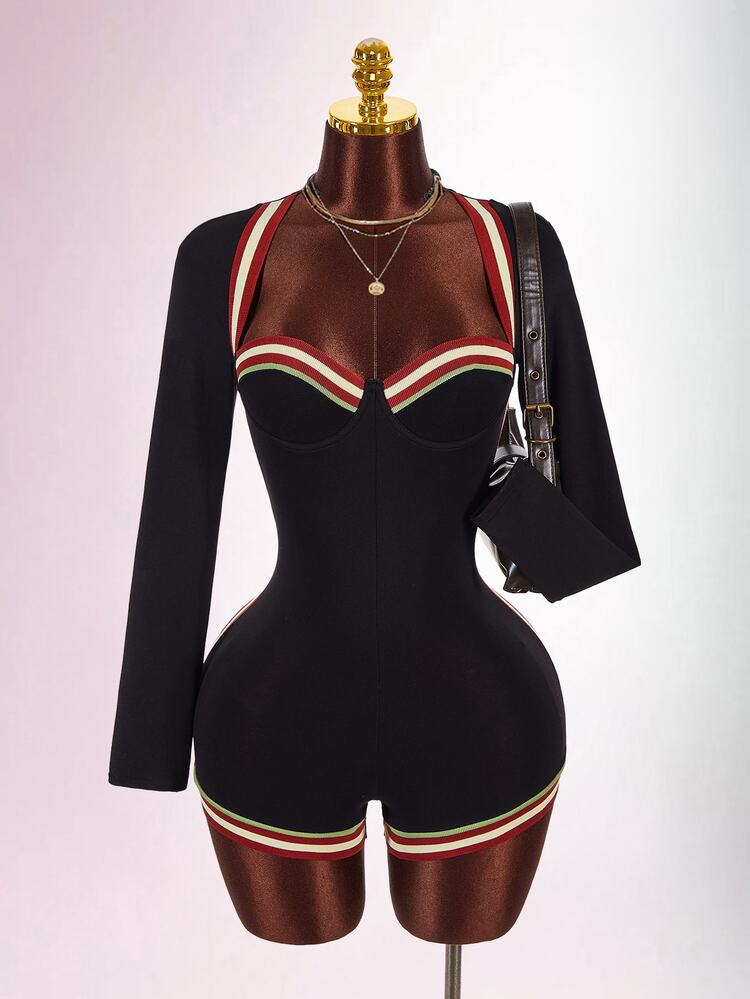 Amplova Underwire Cup Detail Fitted Long Sleeve Square Neck Flat Knit Black And Red Striped Mini Jumpsuit Gym Fall Sexy Club Work Night Out - Black - View 3