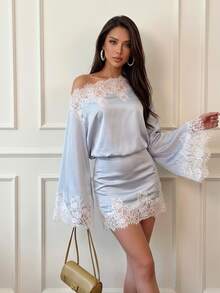 Firerie Women's Elegant Fall Saudi National Day Homecoming Asymmetrical Shoulder Lace Patchwork Flare Long Sleeve Light Gray Blue Mini Dress - Dusty Blue - View 4
