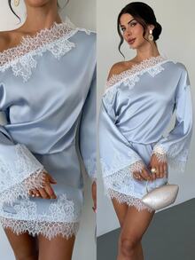 Firerie Women's Elegant Fall Saudi National Day Homecoming Asymmetrical Shoulder Lace Patchwork Flare Long Sleeve Light Gray Blue Mini Dress - Dusty Blue - View 7