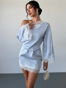 Firerie Women's Elegant Fall Saudi National Day Homecoming Asymmetrical Shoulder Lace Patchwork Flare Long Sleeve Light Gray Blue Mini Dress - Dusty Blue - View 11