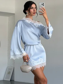 Firerie Women's Elegant Fall Saudi National Day Homecoming Asymmetrical Shoulder Lace Patchwork Flare Long Sleeve Light Gray Blue Mini Dress - Dusty Blue - View 12