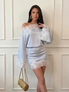 Firerie Women's Elegant Fall Saudi National Day Homecoming Asymmetrical Shoulder Lace Patchwork Flare Long Sleeve Light Gray Blue Mini Dress - Dusty Blue - View 5