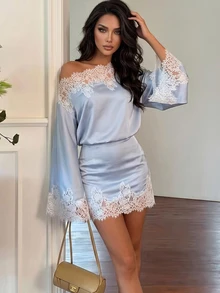 Firerie Women's Elegant Fall Saudi National Day Homecoming Asymmetrical Shoulder Lace Patchwork Flare Long Sleeve Light Gray Blue Mini Dress - Dusty Blue - View 2
