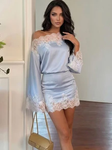 Firerie Women's Elegant Fall Saudi National Day Homecoming Asymmetrical Shoulder Lace Patchwork Flare Long Sleeve Light Gray Blue Mini Dress - Dusty Blue - View 1