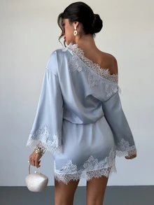 Firerie Women's Elegant Fall Saudi National Day Homecoming Asymmetrical Shoulder Lace Patchwork Flare Long Sleeve Light Gray Blue Mini Dress - Dusty Blue - View 8