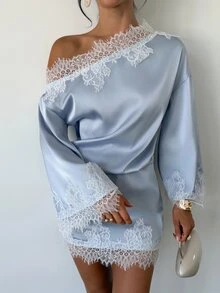 Firerie Women's Elegant Fall Saudi National Day Homecoming Asymmetrical Shoulder Lace Patchwork Flare Long Sleeve Light Gray Blue Mini Dress - Dusty Blue - View 10