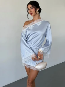 Firerie Women's Elegant Fall Saudi National Day Homecoming Asymmetrical Shoulder Lace Patchwork Flare Long Sleeve Light Gray Blue Mini Dress - Dusty Blue - View 13
