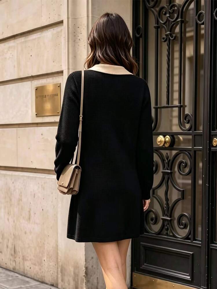 GlowEve Women's Autumn/Winter Casual Contrast Color Collar Tie Knit Dress - Black - View 2