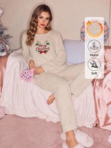 SHEIN Christmas Slogan Embroidery Flannel PJ Set - Beige - View 7