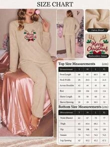 SHEIN Christmas Slogan Embroidery Flannel PJ Set - Beige - View 6
