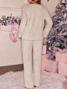 SHEIN Christmas Slogan Embroidery Flannel PJ Set - Beige - View 3