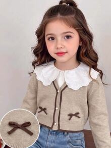 Girls Contrast Trim Knit Cardigan Bowknot Decor V-Neck Pearl Button Short Children Sweater Jacket Winter - Camel - View 3