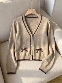 Girls Contrast Trim Knit Cardigan Bowknot Decor V-Neck Pearl Button Short Children Sweater Jacket Winter - Camel - View 6