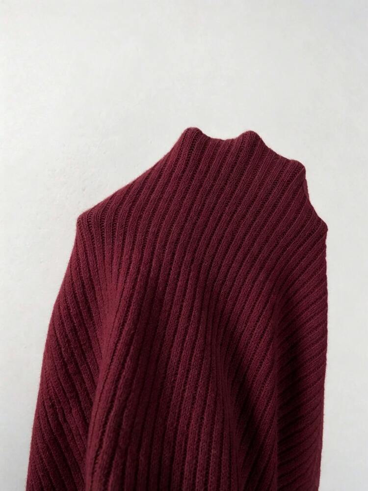 SHEIN Women Contrast Polo Neck Knit Bodycon Dress, Slim Fit Mini Sweater Dress With Lantern Puff Sleeves - Red - View 4