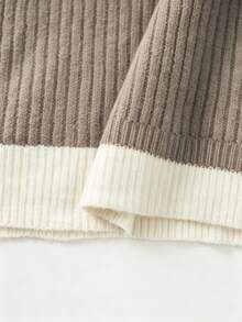 SHEIN Women Contrast Polo Neck Knit Bodycon Dress, Slim Fit Mini Sweater Dress With Lantern Puff Sleeves - Mocha Brown - View 4