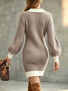 SHEIN Women Contrast Polo Neck Knit Bodycon Dress, Slim Fit Mini Sweater Dress With Lantern Puff Sleeves - Mocha Brown - View 2