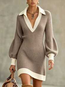 SHEIN Women Contrast Polo Neck Knit Bodycon Dress, Slim Fit Mini Sweater Dress With Lantern Puff Sleeves - Mocha Brown - View 1
