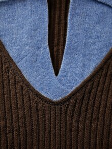SHEIN 女款撞色 Polo 領針織緊身洋裝，修身迷你毛衣洋裝，燈籠泡泡袖 - 巧克力棕 - 查看 7