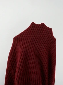 SHEIN 女款對比色 Polo 領針織緊身洋裝，修身迷你毛衣洋裝，燈籠泡泡袖 - 酒紅色 - 查看 6