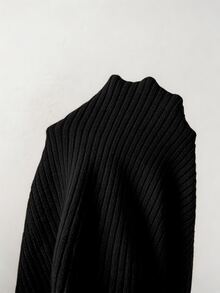 SHEIN 女款撞色 Polo 領針織貼身洋裝，修身迷你毛衣洋裝，燈籠泡泡袖 - 黑色 - 查看 6