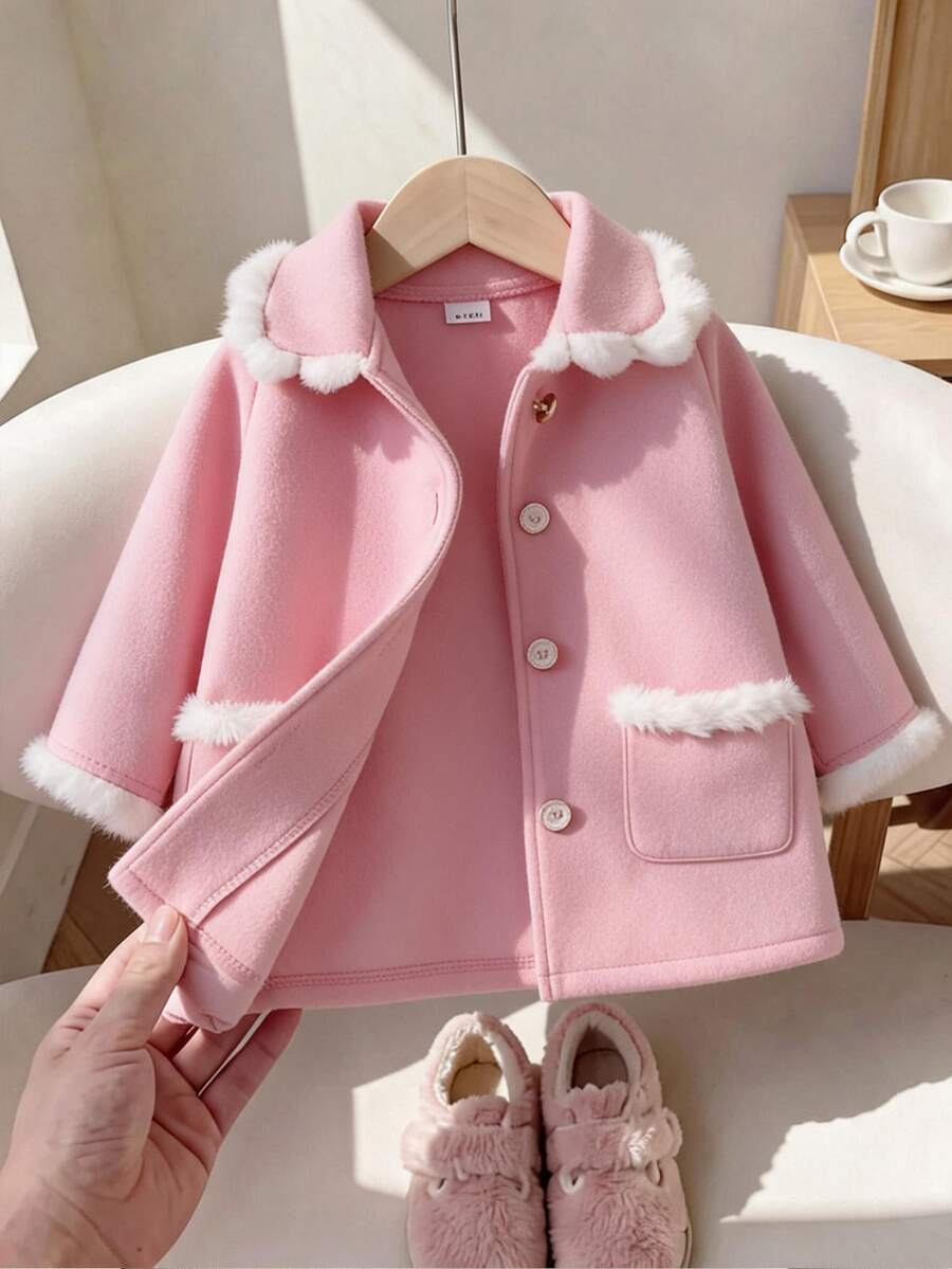 SHEIN 女嬰粉色羊毛大衣,白色毛領與袖口,A字版型時尚外套,適合外出,可愛且時尚 - 粉色 - 查看 1