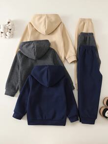 SHEIN 6pcs Kids Young Boy Autumn Winter Casual Knit Solid Color Print Pattern Hoodie Sweatshirt & Joggers Long Pants Tracksuit Basic Multi-Piece Set Sports Outfit - Multicolor - View 2