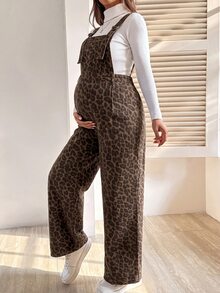 SHEIN 孕婦豹紋牛仔吊帶褲 秋季女裝 牛仔女裝 豹紋拍照服 隨性寬鬆浪漫風 - 棕色 - 查看 5