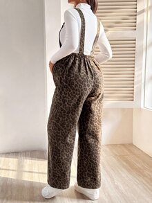 SHEIN 孕婦豹紋牛仔吊帶褲 秋季女裝 牛仔女裝 豹紋拍照服 隨性寬鬆浪漫風 - 棕色 - 查看 2