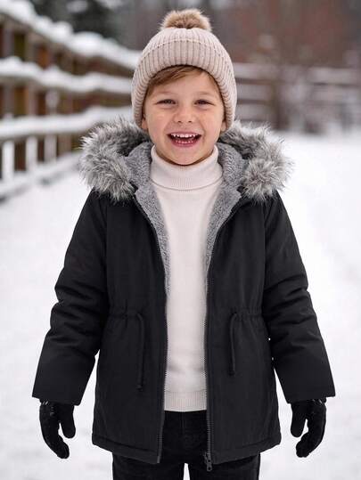 Bubblio Kids Young Boy Casual Everyday Versatile Comfortable Composite Thermal Lined Hooded Thickened Woven Solid Color Jacket Suitable For School, Garden, Beach, Birthday, Spring, Summer, Fall, Winter