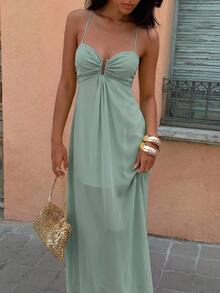 Aloruh Women's Solid Color Pleated Spaghetti Strap Dress For Vacation Vacation Mint Green Summer Elegant Sexy - Olive Green - View 5