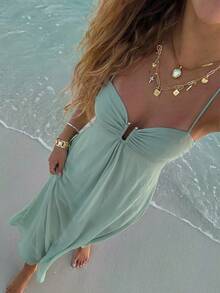Aloruh Women's Solid Color Pleated Spaghetti Strap Dress For Vacation Vacation Mint Green Summer Elegant Sexy - Olive Green - View 3