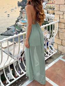Aloruh Women's Solid Color Pleated Spaghetti Strap Dress For Vacation Vacation Mint Green Summer Elegant Sexy - Olive Green - View 2