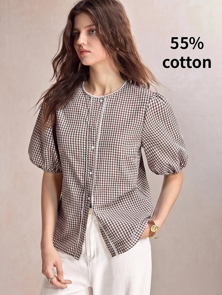 BizChic White Plaid Shirt With Hollow Lace Trim Patchwork, Elegant French Vintage Business Casual Commute Brunch Picnic Date Daily Vacation Office Summer - Coffee Brown - View 8