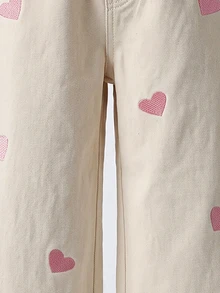 女童牛仔長褲，四季新款，可愛俏皮，復古牛仔女郎西式淺藍色，彈性腰頭，粉色愛心刺繡，寬鬆直筒褲腿 - 卡其色 - 查看 5