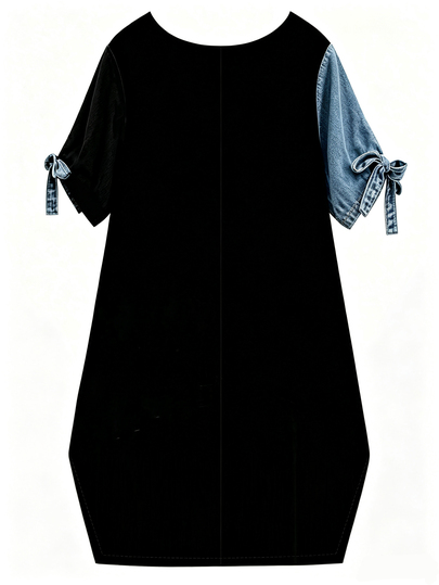 GlowEve CURVE Summer Vintage Loose Fit Elegant Loose Colorblock Black Light Blue Round Neck Short Sleeve Bow Casual Plus Size Dress Vacation Rave Beach