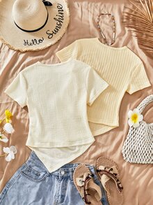 SHEIN Tween女孩 2件組圓領短袖修身不對稱下擺T恤，白色紋理布料，休閒夏季上衣，適合上學 - 彩色 - 查看 2