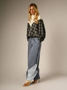 AiiRZ Slate Blue Barrel Leg Drawstring Casual Pants With Floral Lace Panel Insert Detail And Elastic Waist Full Length - Dark Grey - View 4