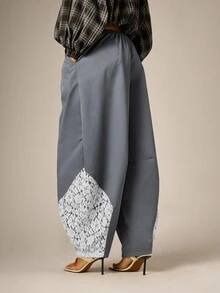 AiiRZ Slate Blue Barrel Leg Drawstring Casual Pants With Floral Lace Panel Insert Detail And Elastic Waist Full Length - Dark Grey - View 5