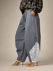 AiiRZ Slate Blue Barrel Leg Drawstring Casual Pants With Floral Lace Panel Insert Detail And Elastic Waist Full Length - Dark Grey - View 1