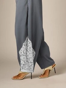 AiiRZ Slate Blue Barrel Leg Drawstring Casual Pants With Floral Lace Panel Insert Detail And Elastic Waist Full Length - Dark Grey - View 3