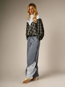 AiiRZ Slate Blue Barrel Leg Drawstring Casual Pants With Floral Lace Panel Insert Detail And Elastic Waist Full Length - Dark Grey - View 6