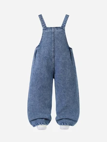 Genkimix Kids 女童西式牛仔女牛仔嬰兒藍牛仔吊帶褲，愛心刺繡，蝴蝶結裝飾，寬鬆直筒褲腿，秋季 - 中等水洗藍 - 查看 3