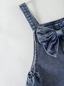 Genkimix Kids 女童西式牛仔女牛仔嬰兒藍牛仔吊帶褲，愛心刺繡，蝴蝶結裝飾，寬鬆直筒褲腿，秋季 - 中等水洗藍 - 查看 4